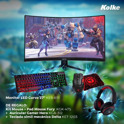 PROMO KOLKE - MONITOR CURVO 27" KES-651 + KIT MOUSE + PAD MOUSE FURY KGK-475 + AURICULAR HERO KGA-312 + TECLADO KET-1203