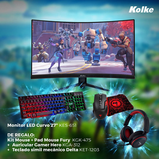 PROMO KOLKE - MONITOR CURVO 27" KES-651 + KIT MOUSE + PAD MOUSE FURY KGK-475 + AURICULAR HERO KGA-312 + TECLADO KET-1203