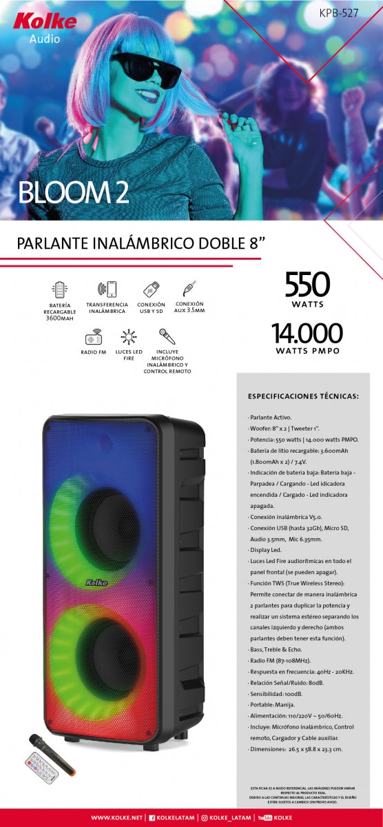 KOLKE PARLANTE INALAMBRICO BLOOM 2 8: X2 KPV-527
