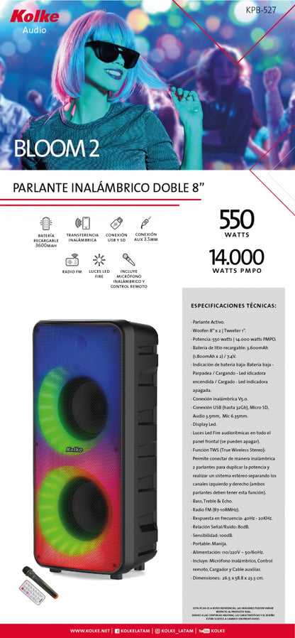 KOLKE PARLANTE INALAMBRICO BLOOM 2 8: X2 KPV-527