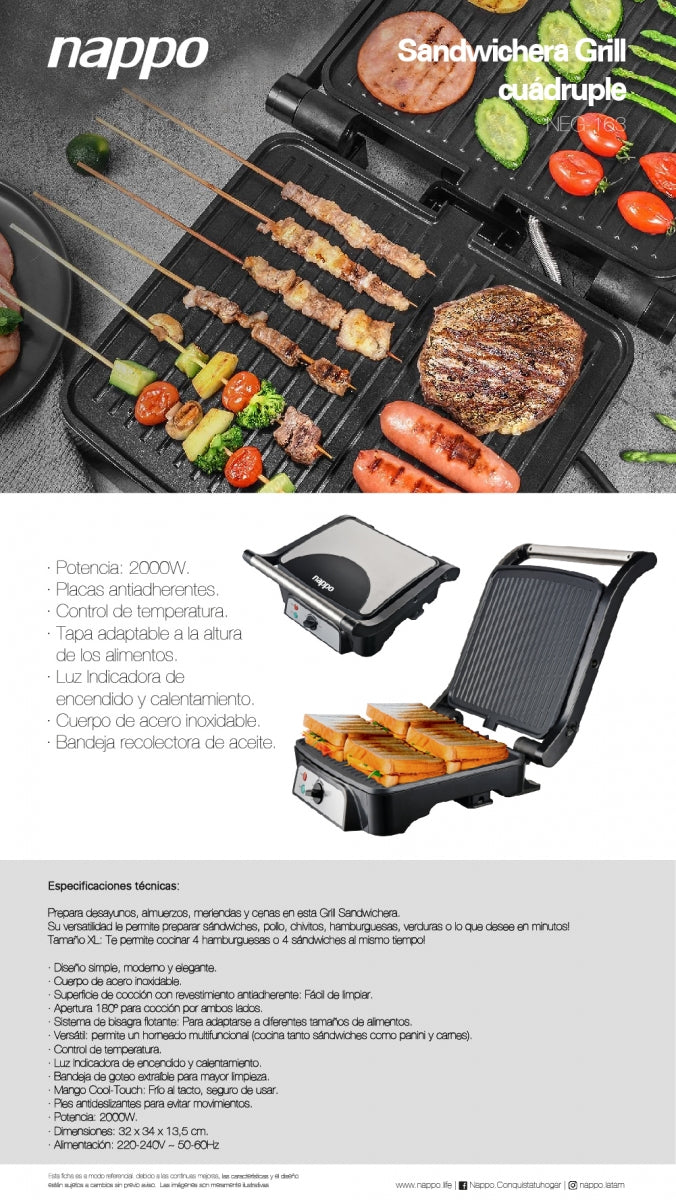 NAPPO Grill Sandwichera Cuádruple NEG-163 - Tamaño XL con 2000W de Potencia