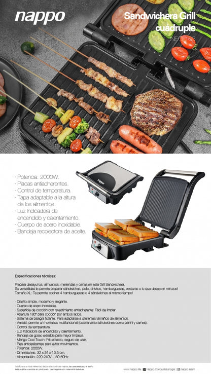 NAPPO Grill Sandwichera Cuádruple NEG-163 - Tamaño XL con 2000W de Potencia