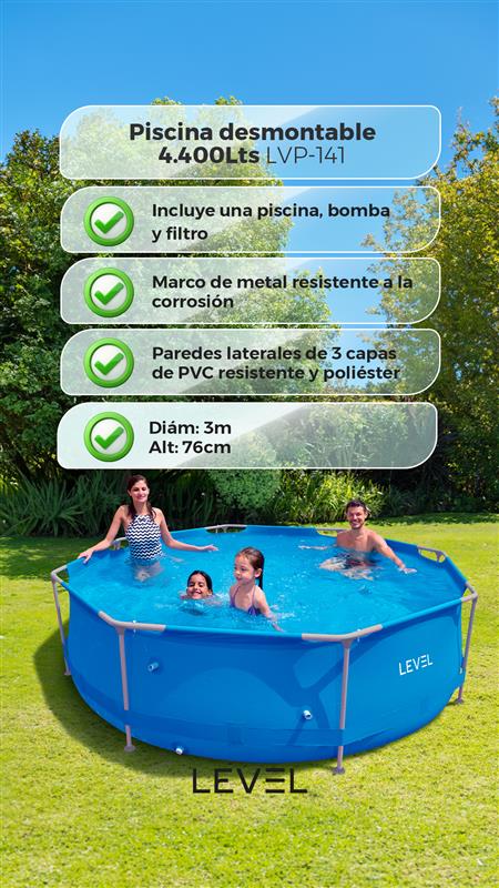 Piscina Circular Level Pro 4.400 Lts LVP-141 - 3m x 76cm con Marco Metálico Resistente