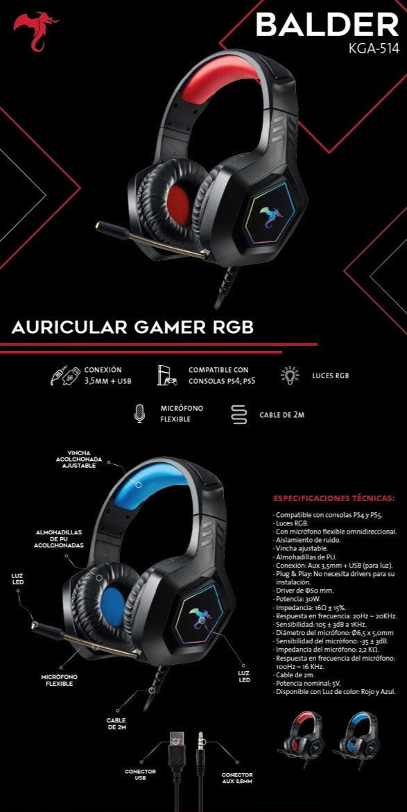 KOLKE AURICULAR GAMER BALDER KGA-514 NEG/ROJ