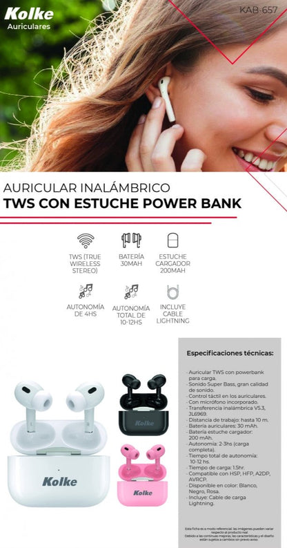 KOLKE AURICULAR TWS CON ESTUCHE CARGADOR KAB-657 BLANCO